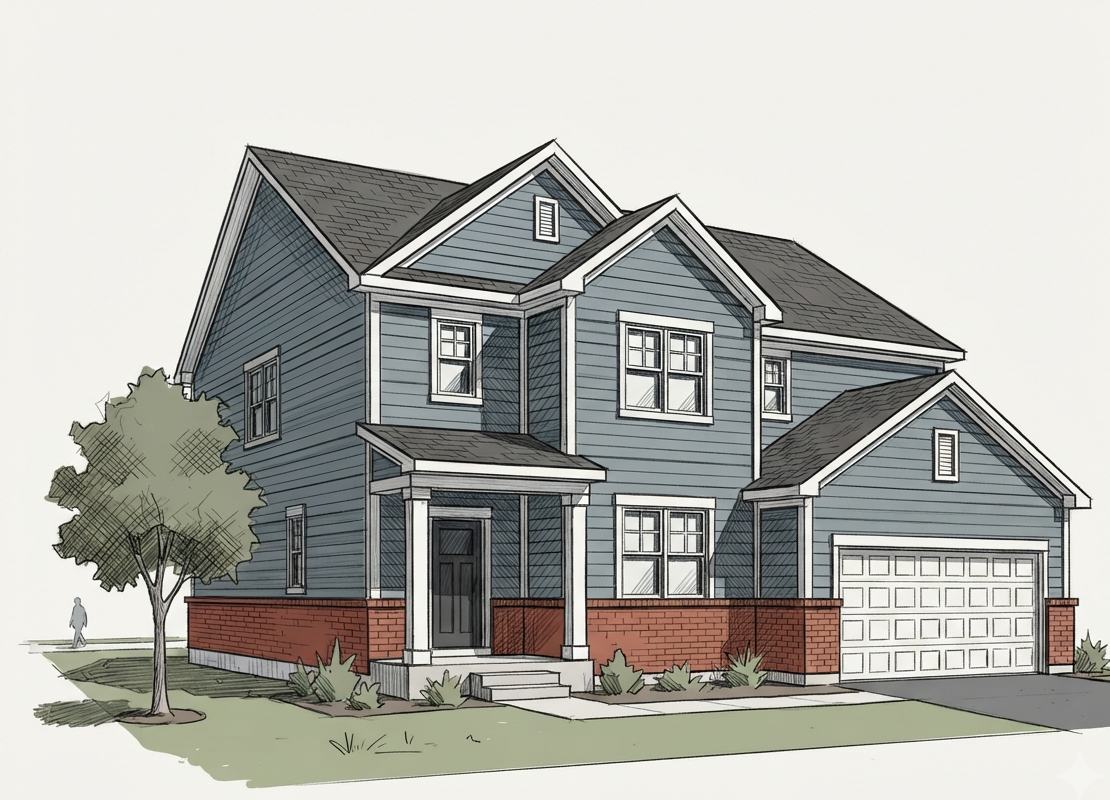Brick home exterior with fresh trim and a painted garage door