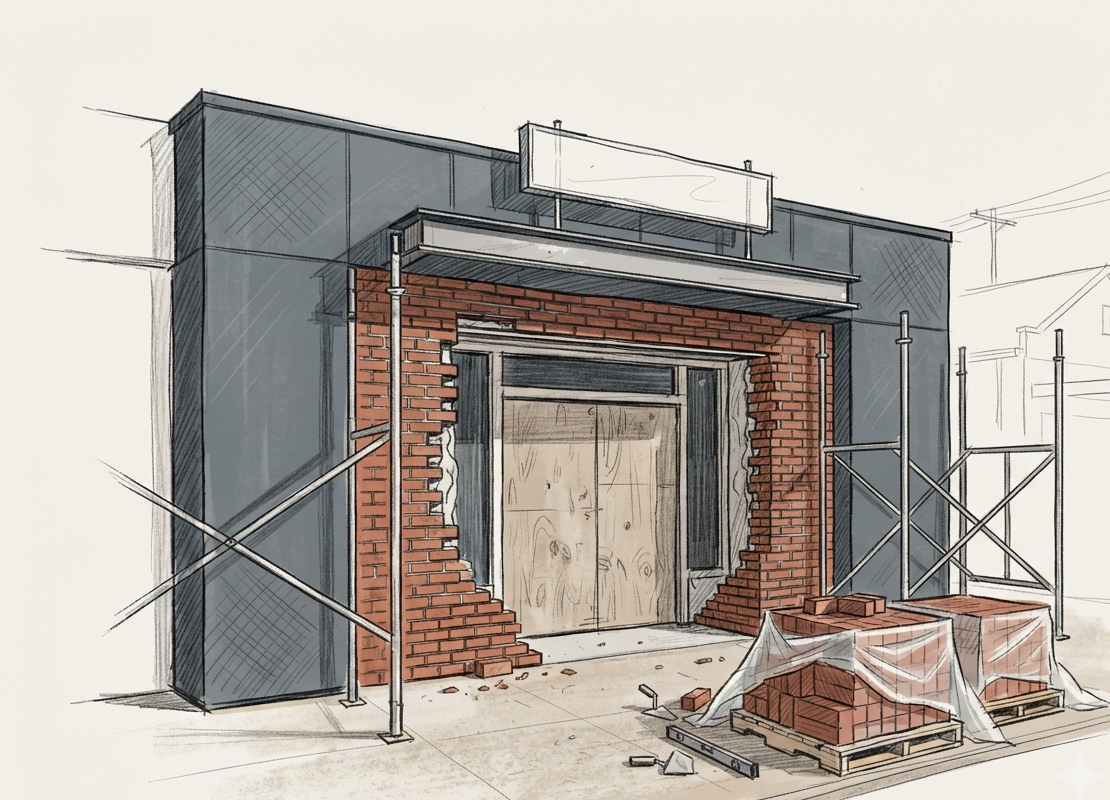 Painted masonry storefront with clean lines